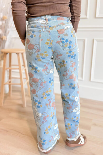 Alternative view of Sky Blue Floral Printed Raw Hem Shift Jeans