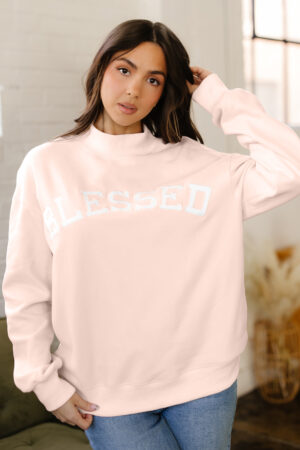 Light Pink Oversize Blessed Embroidered Mock Neck Sweatshirt - Image 12