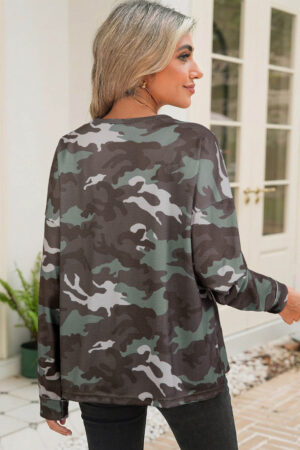Green Camouflage Print Textured Drop Shoulder Long Sleeve Top - Image 3