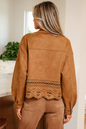 Thai Curry Solid Color Faux Suede Hollowed Detail Retro Style Jacket - Image 9