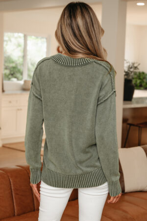 Four Leaf Clover Mineral Wash V Neck Knit Exposed Seam Drop Shoulder Loose Sweater - Image 15