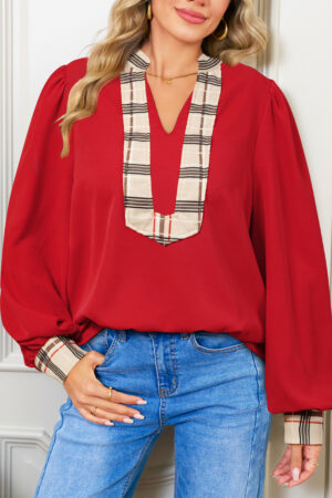 Racing Red Contrast Plaid Patchwork V Neck Long Sleeve Blouse - Image 11
