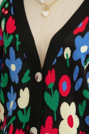 Black Floral Print V Neck Buttoned Short Cardigan Sweater - Image 17