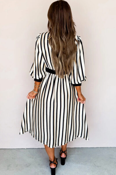 Alternative view of Black Stripe 3/4 Puff Sleeve Shirt Style Button Down Midi Dress