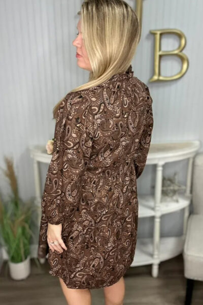 Alternative view of Brown Paisley Print Half Buttons Puff Sleeve Flowy Short Dress