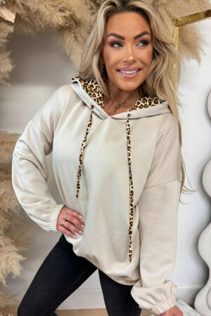 Jet Stream Leopard Contrast Drawstring Hood Drop Shoulder Loose Top - Image 3