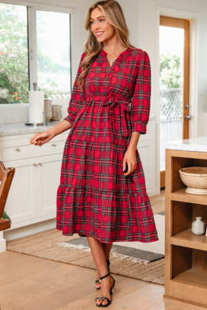 Red Christmas Plaid V Neck 3/4 Sleeve Tie Waist Ruffle Hem Long Dress - Image 9