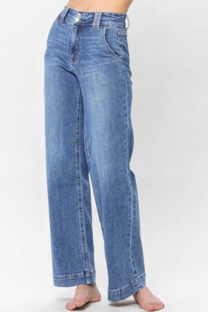 Sky Blue Double Button Zip Fly Straight Leg Jeans - Image 3