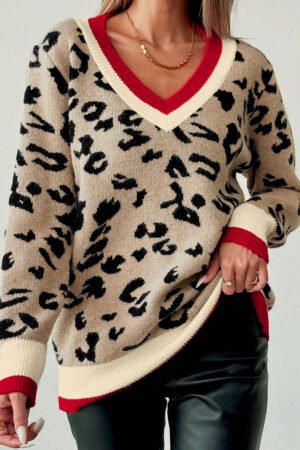 Khaki Leopard Pattern V-Neck Contrast Rib Knitted Sweater - Image 3