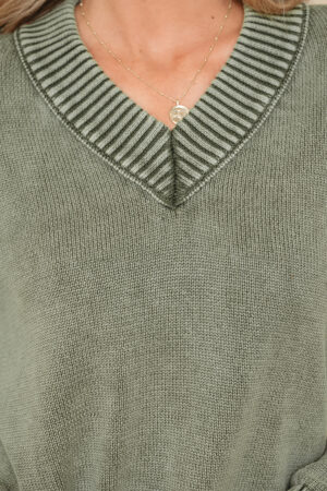 Four Leaf Clover Mineral Wash V Neck Knit Exposed Seam Drop Shoulder Loose Sweater - Image 21