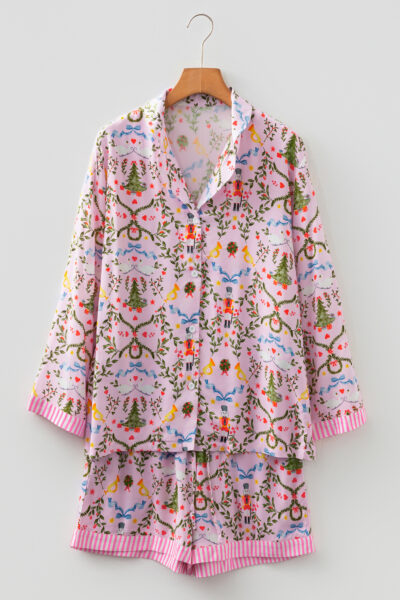 Pink Christmas Holiday Print Nutcracker Long Sleeve Shorts 2pcs Pajama Set