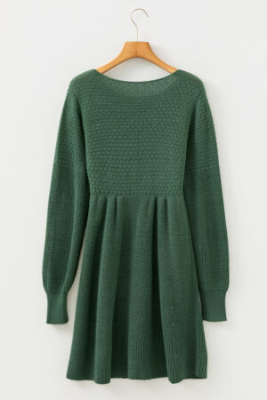 Mist Green Solid Lantern Sleeve Empire Waist Short Sweater Dress - Image 5