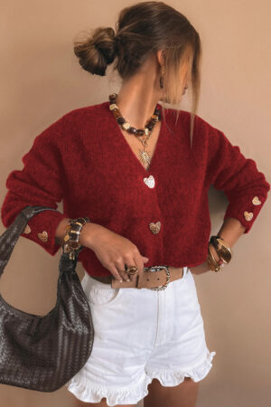 Fiery Red Heart Metal Button V Neck Cardigan Sweater - Image 10