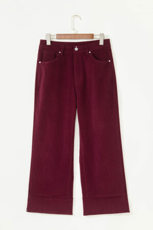 Burgundy Corduroy Solid Color High Waist Wide Leg Pants - Image 7