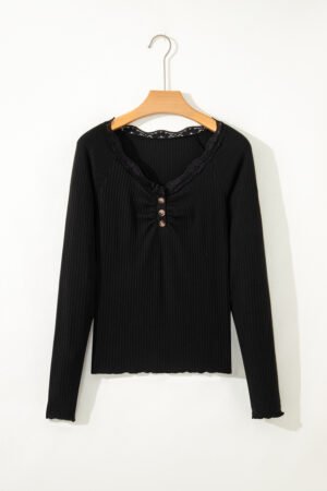 Black Lace Neckline Button Decor Lettuce Edge Long Sleeve Ribbed Top - Image 6