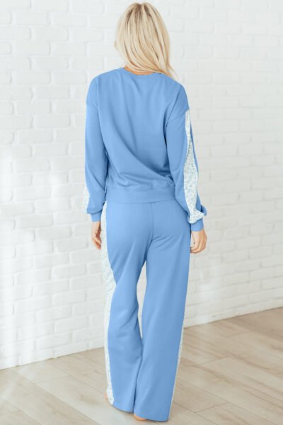 Alternative view of Beau Blue Floral Patchwork Drop Shoulder Pullover and Sweatpants Lounge Set