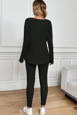 Black Ribbed Notched Neck Knit Long Sleeve Leggings Two Pieces Lounge Set - Image 6