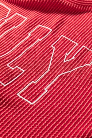 Racing Red Twisted Rib Outlined Merry Letter Graphic Loose Long Sleeve Top - Image 13