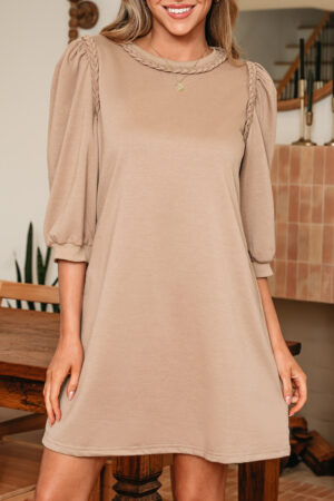 Light French Beige Braided Trim Puff Sleeve Dress - Image 15