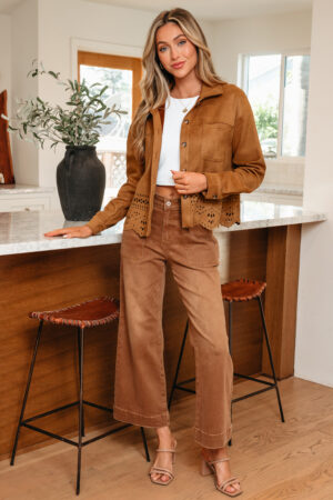 Thai Curry Solid Color Faux Suede Hollowed Detail Retro Style Jacket - Image 12