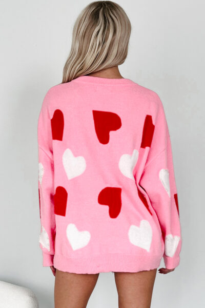 Pink Pearl Embellished Heart Pattern Valentines Day Sweater