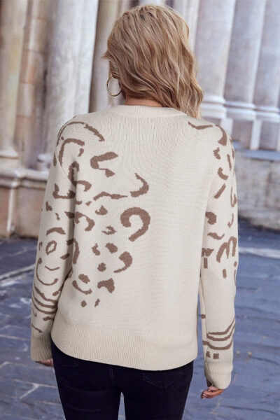 Alternative view of Beige Asymmetric Leopard Print Detail Drop Shoulder Sweater