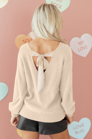 Jet Stream Ribbed Knit Ribbon Knot Backless Drop Shoulder Sweater - Image 11