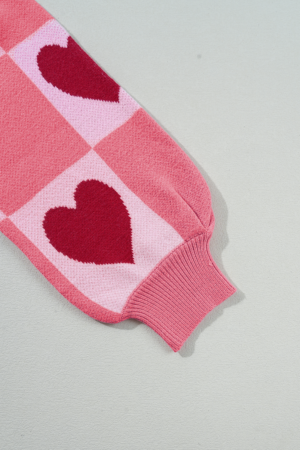 Pink Plus Size Love Heart Block Mock Neck Lantern Sleeve Valentine Sweater - Image 6