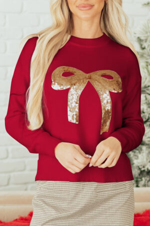 Fiery Red Sequined Bow Graphic Christmas Holiday Sweater - Image 10