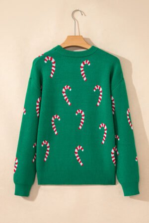 Dark Green Christmas Candy Cane Holiday Drop Shoulder Sweater - Image 9