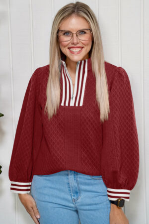 Racing Red Rhombus Textured Striped Patchwork Zip Neck Pullover Sweatshirt - Image 3
