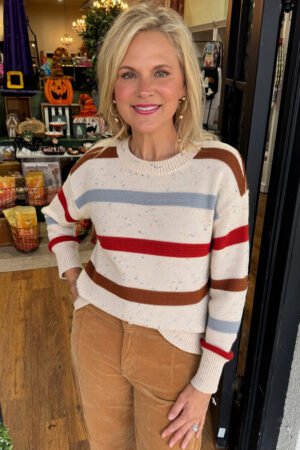 Beige Stripe Exposed Seam Drop Shoulder Heathered Knit Sweater - Image 3