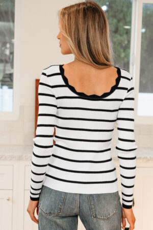 Black white Scalloped Trim U Neck Striped Ribbed Slim Sweater - Image 10