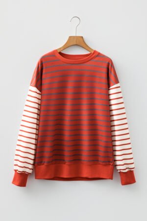 Orange Stripe Contrast Sleeve Patchwork Drop Shoulder Long Sleeve Sweatshirt - Image 8