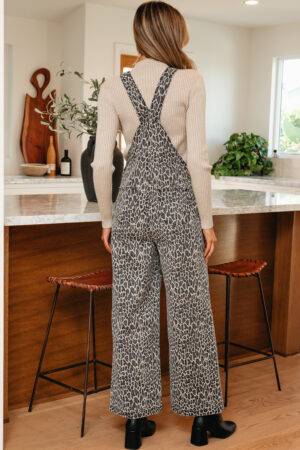 Brown Leopard Print Straight Leg Loose Denim Overall Jumpsuit - Image 13