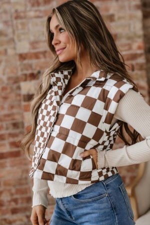 Brown Double Checked Stand Collar Cropped Puffer Vest - Image 11