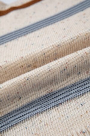 Beige Stripe Exposed Seam Drop Shoulder Heathered Knit Sweater - Image 10