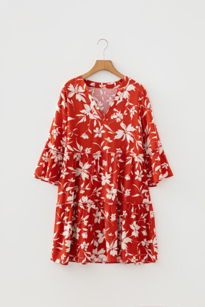 Red Boho Floral Print Lettuce Trim 3/4 Sleeve Mini Dress