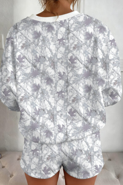 Light Grey Abstract Woodland Camo Print Baggy Pullover Drawstring Shorts Set