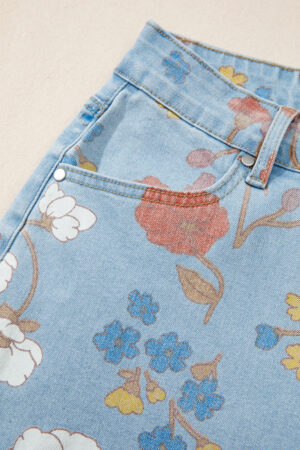 Sky Blue Floral Printed Raw Hem Shift Jeans - Image 15