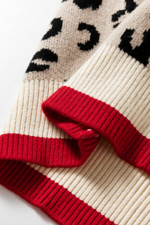 Khaki Leopard Pattern V-Neck Contrast Rib Knitted Sweater - Image 11