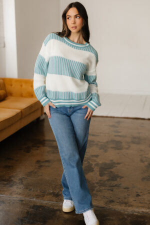 Light Blue Two Tone Striped Patchwork Drop Shoulder Loose Sweater - Image 20