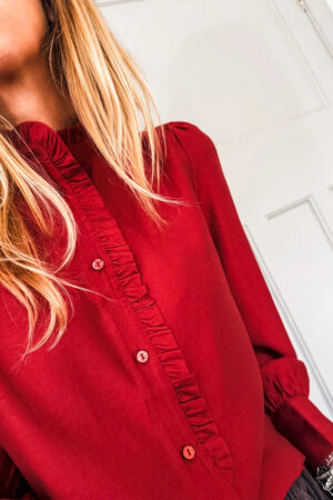 Fiery Red Frilled Trim Button Up Pleated Long Sleeve Shirt - Image 5