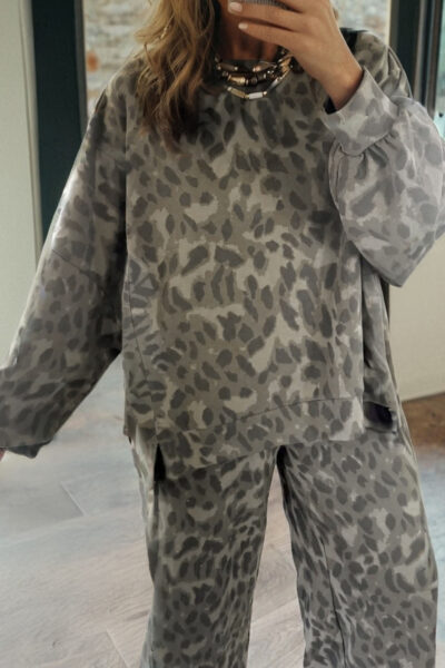 Gray Leopard Print Raw Seam Patchwork Pullover Drawstring Loose Pant Set
