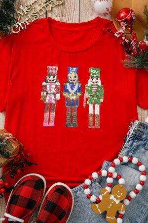 Red Sequined Christmas Nutcracker-man Graphic Cuffed Short Sleeve T Shirt - Image 2