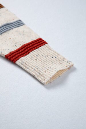 Beige Stripe Exposed Seam Drop Shoulder Heathered Knit Sweater - Image 8