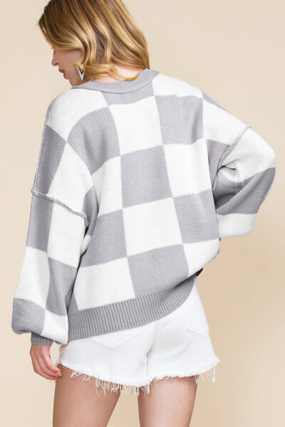 Alternative view of Gray Checkered Bishop Sleeve Sweater