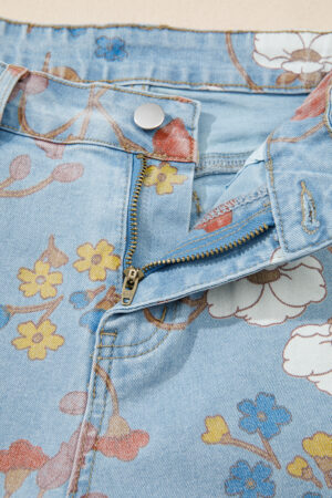Sky Blue Floral Printed Raw Hem Shift Jeans - Image 16