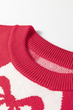 Red Bow Print 2-tone Rhombus Knit Loose Sweater - Image 13