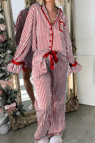 Red Stripe Contrast Velvet Trim Bow Knot Waist 2pcs Pajama Set